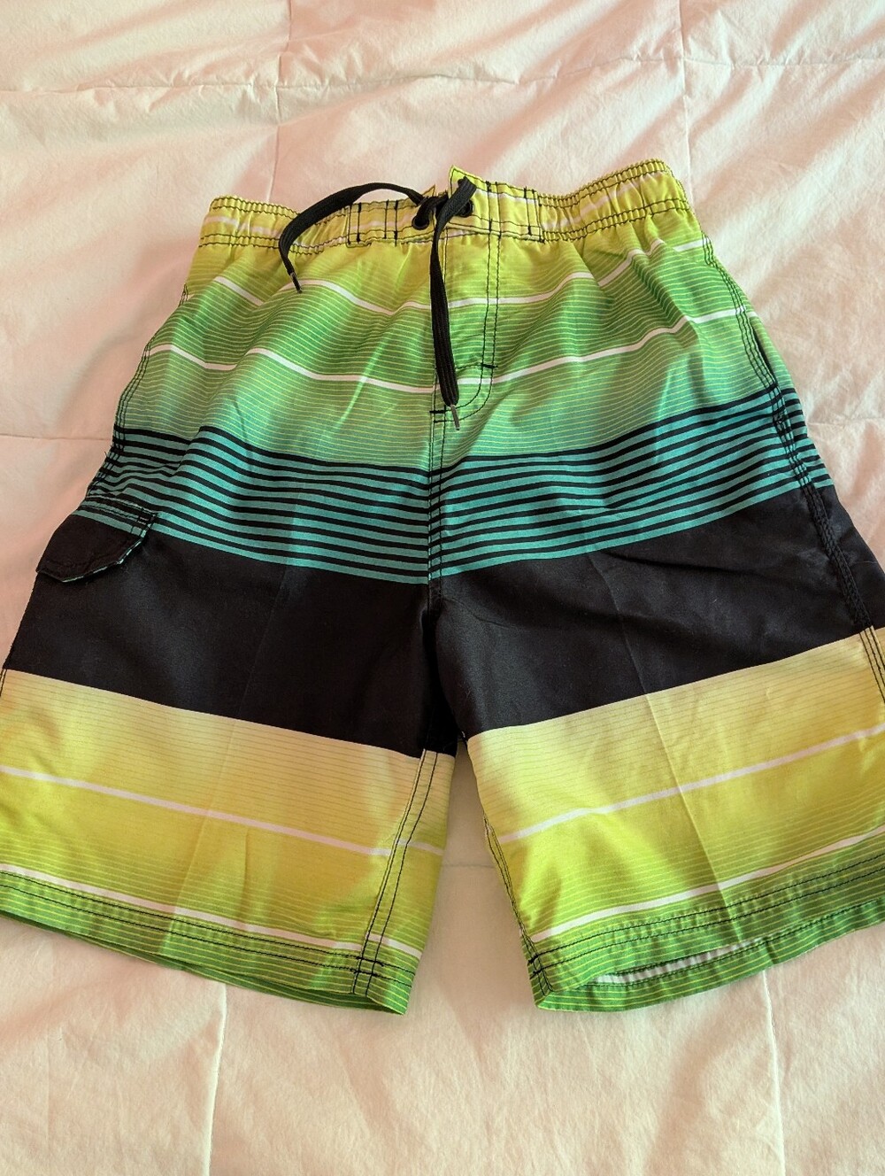 Boys Kanu Green and Black Striped Swim Shorts Size 14/16